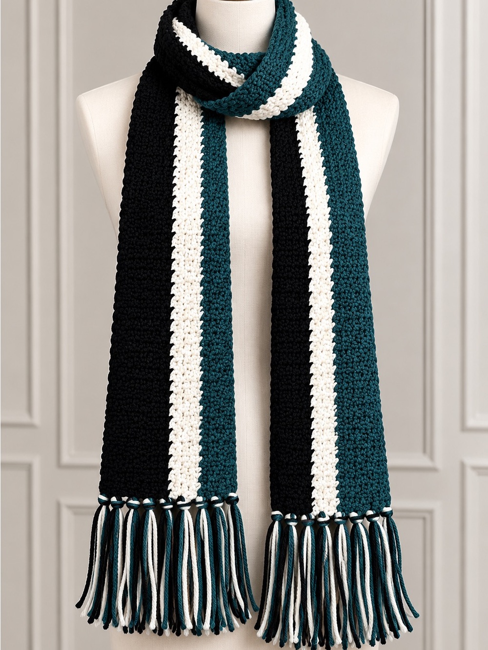 Striped Teal, Black & White Knit Fringe Scarf